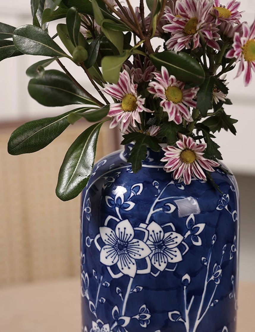 Five Blessings ‘Peach’ Blue and White Porcelain Vase - Mulantique