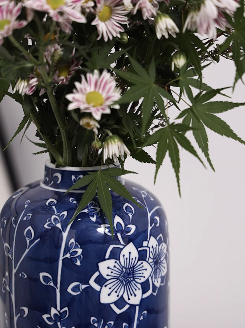 Five Blessings ‘Peach’ Blue and White Porcelain Vase - Mulantique