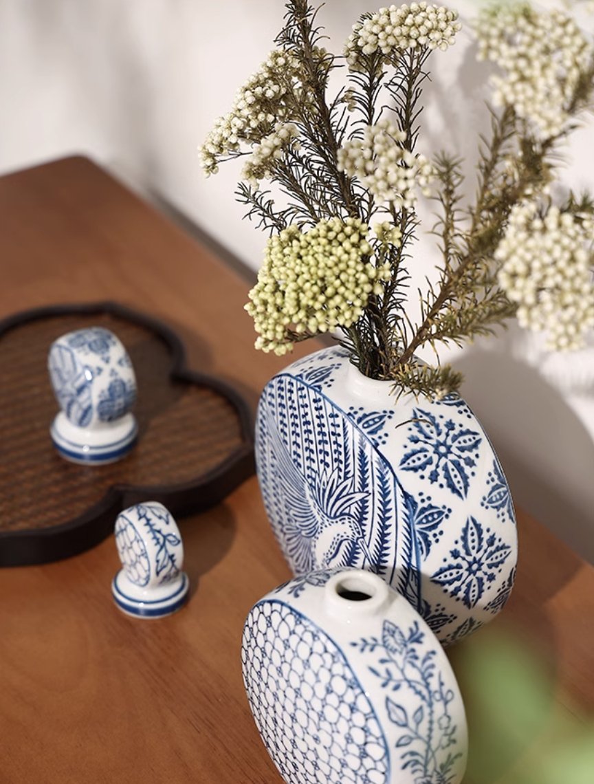 ‘Floral Blessings’ Blue and White Porcelain Vase - Mulantique