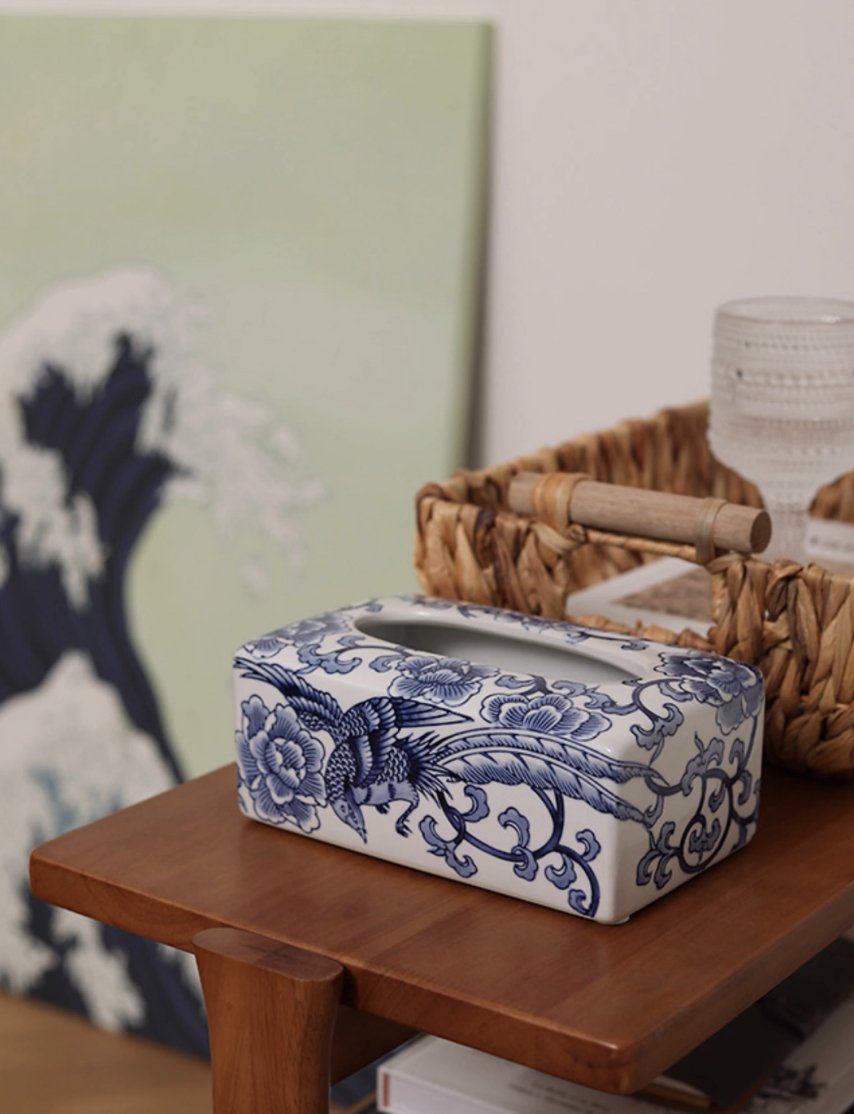 Floral Blessings Jingdezhen Blue and White Porcelain Tissue Box - Mulantique