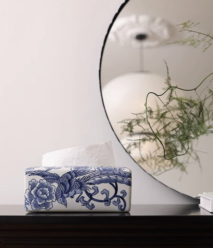 Floral Blessings Jingdezhen Blue and White Porcelain Tissue Box - Mulantique