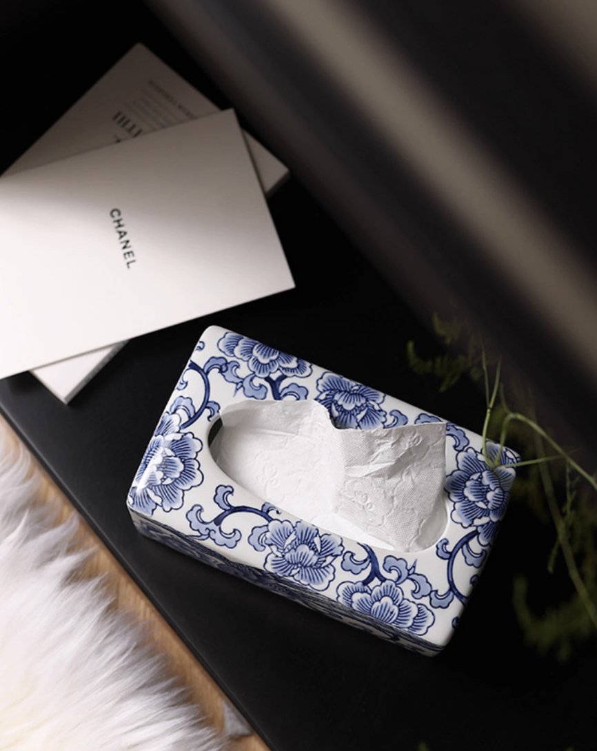 Floral Blessings Jingdezhen Blue and White Porcelain Tissue Box - Mulantique