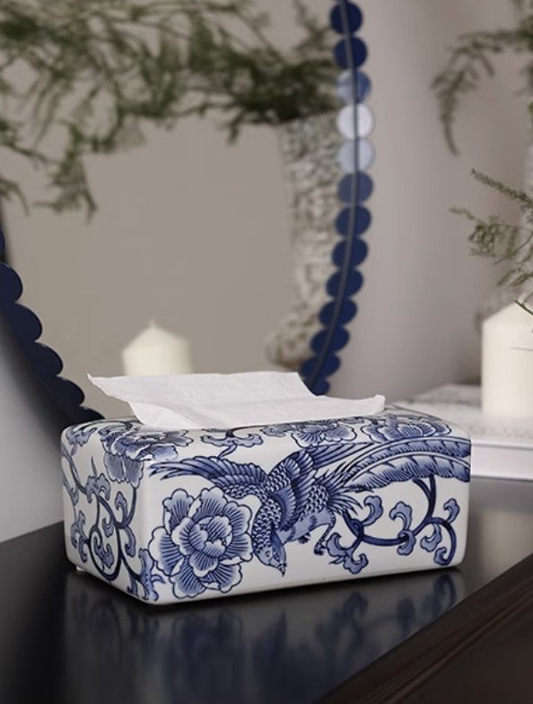 Floral Blessings Jingdezhen Blue and White Porcelain Tissue Box - Mulantique