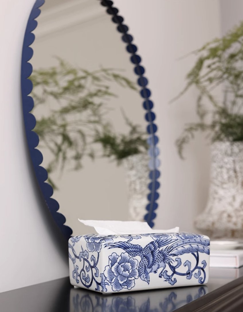 Floral Blessings Jingdezhen Blue and White Porcelain Tissue Box - Mulantique