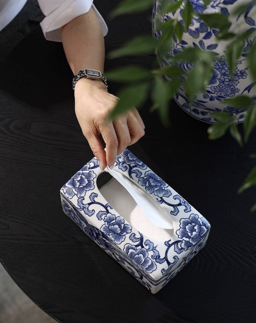 Floral Blessings Jingdezhen Blue and White Porcelain Tissue Box - Mulantique