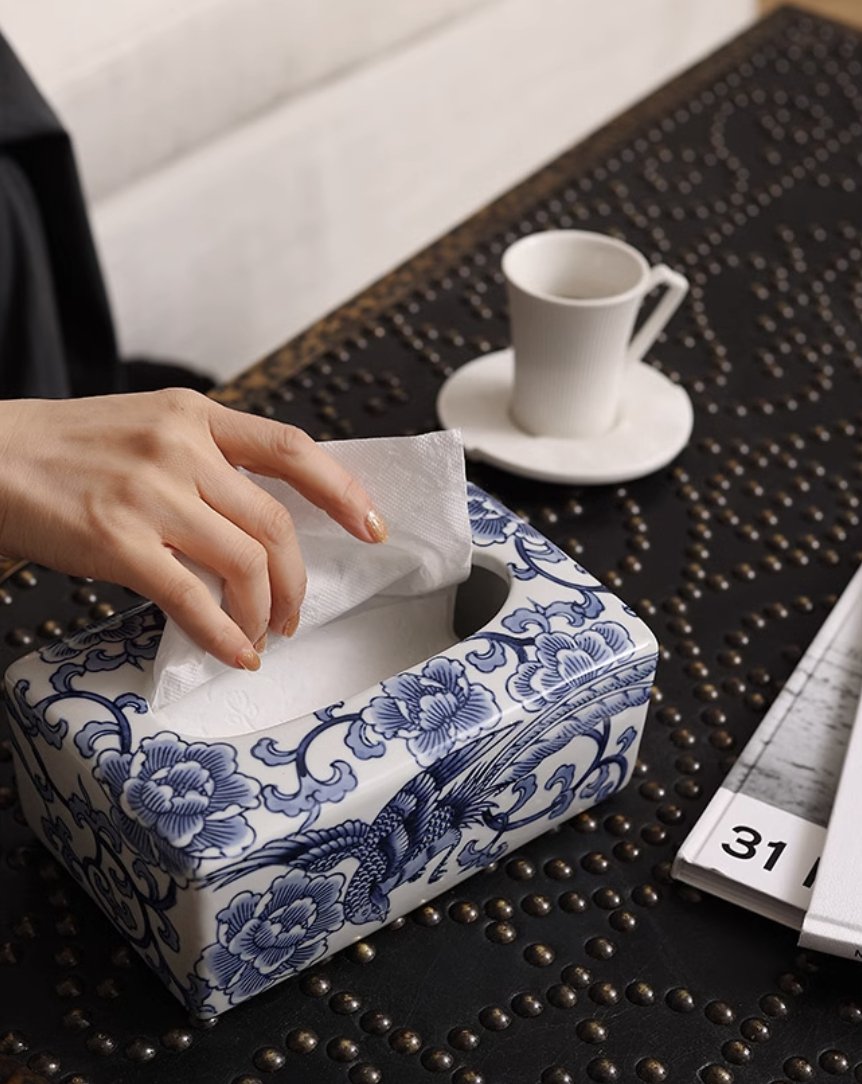 Floral Blessings Jingdezhen Blue and White Porcelain Tissue Box - Mulantique