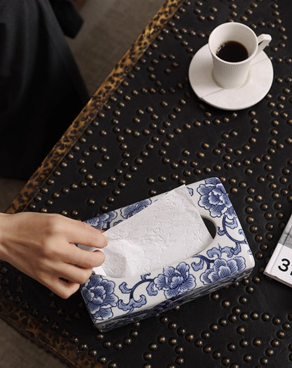 Floral Blessings Jingdezhen Blue and White Porcelain Tissue Box - Mulantique