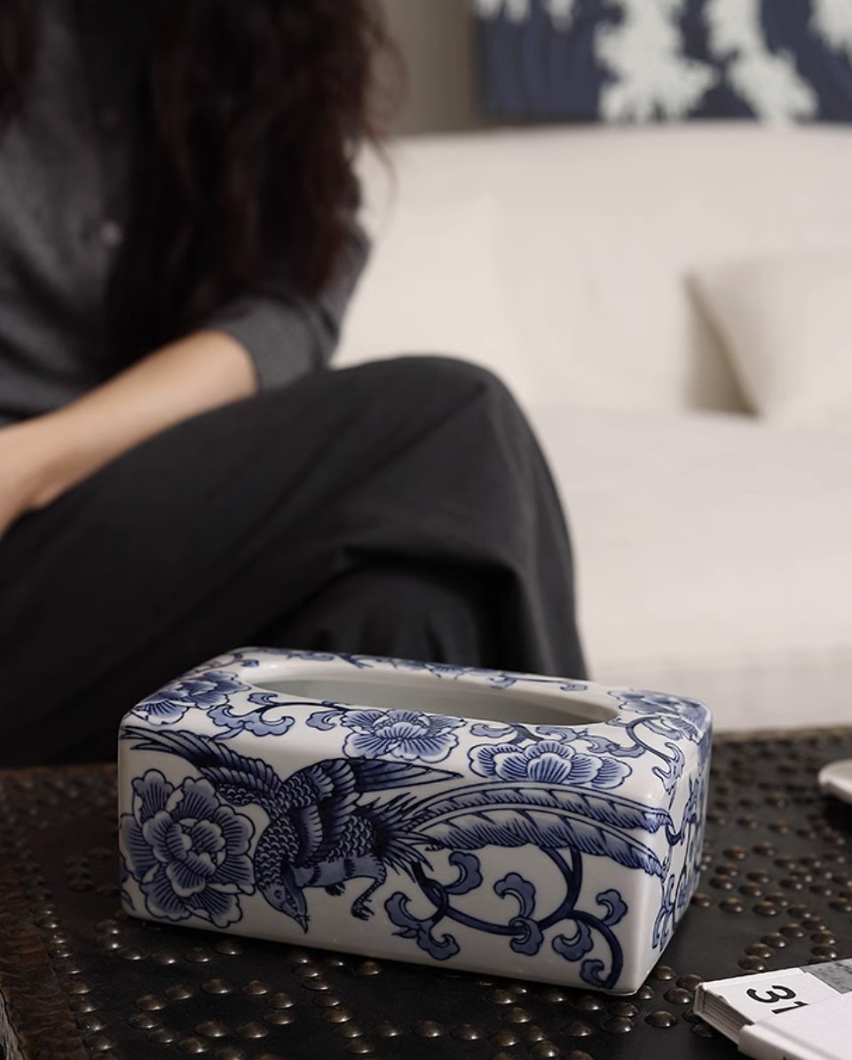 Floral Blessings Jingdezhen Blue and White Porcelain Tissue Box - Mulantique