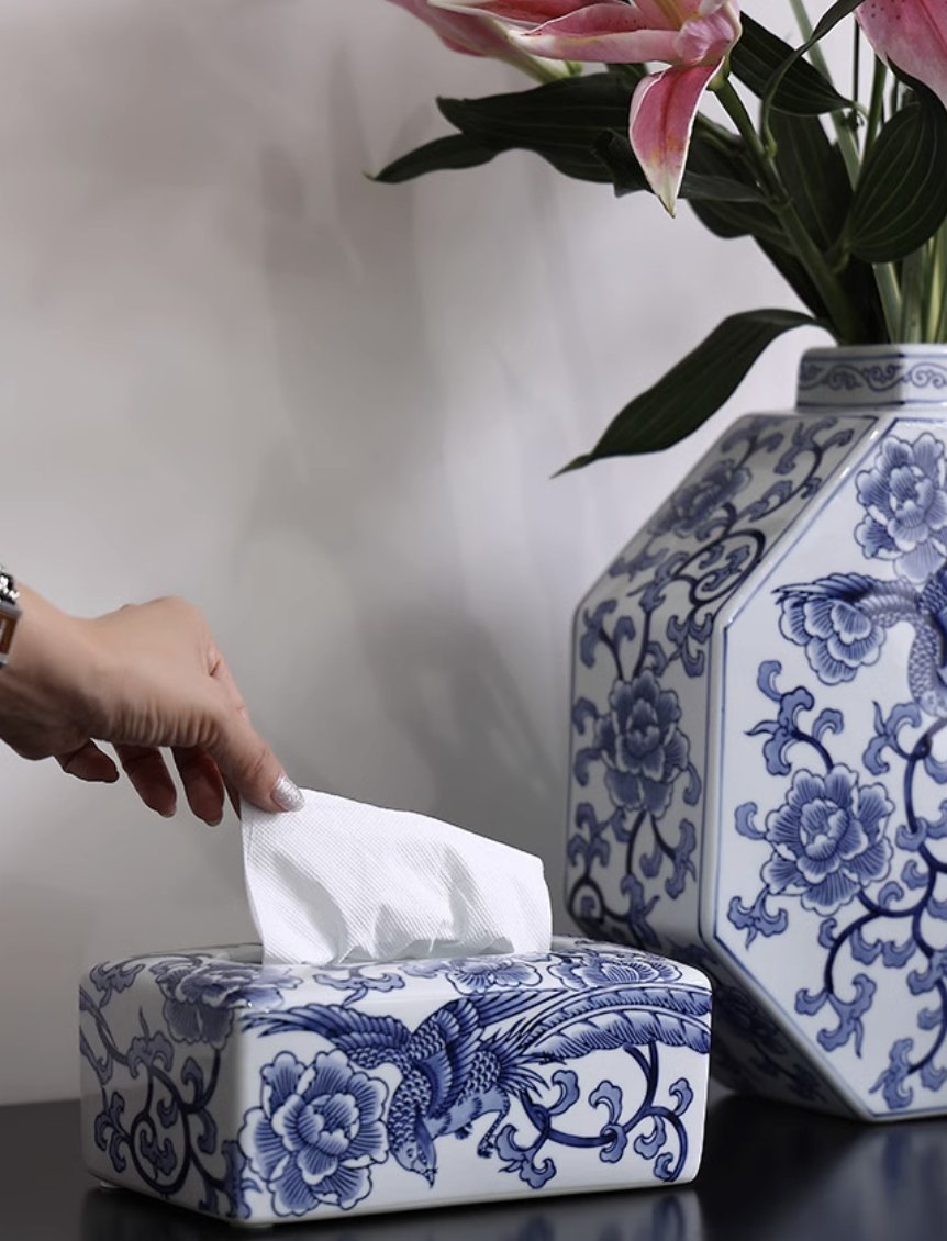 Floral Blessings Jingdezhen Blue and White Porcelain Tissue Box - Mulantique