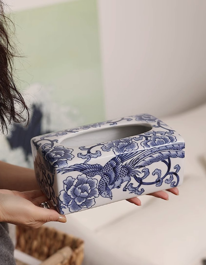 Floral Blessings Jingdezhen Blue and White Porcelain Tissue Box - Mulantique