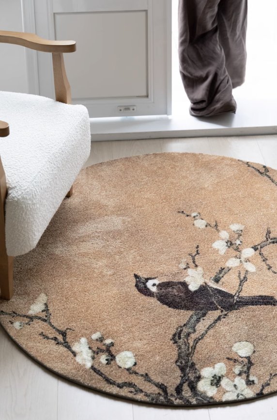 Magnolia and Spring Magpie Oriental Floral & Bird Handwoven Round Rug - Mulantique