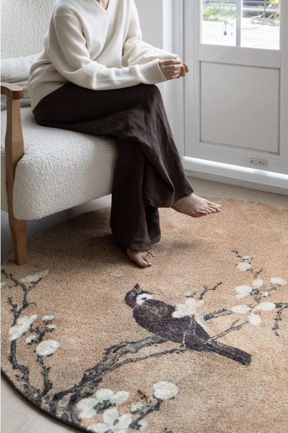 Magnolia and Spring Magpie Oriental Floral & Bird Handwoven Round Rug - Mulantique