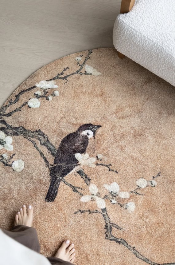 Magnolia and Spring Magpie Oriental Floral & Bird Handwoven Round Rug - Mulantique