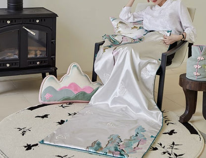 Silky Satin Sofa Throw Blanket with Shu Embroidery - Mulantique