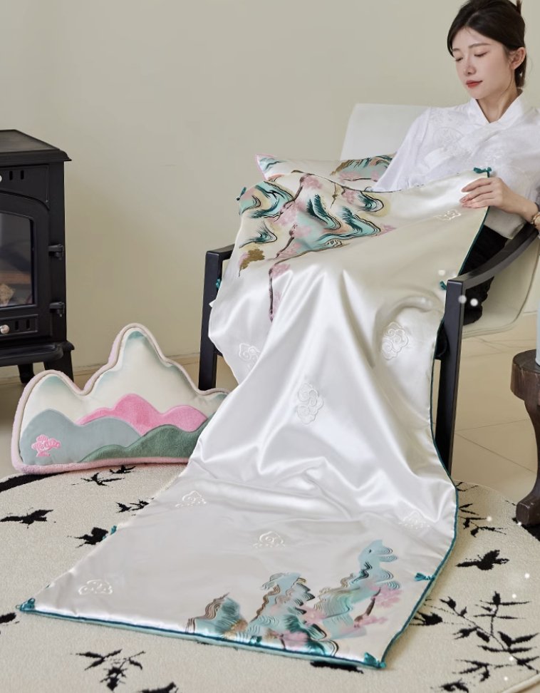 Silky Satin Sofa Throw Blanket with Shu Embroidery - Mulantique