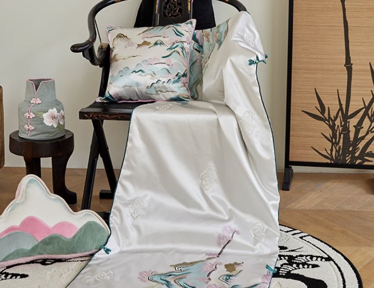 Silky Satin Sofa Throw Blanket with Shu Embroidery - Mulantique